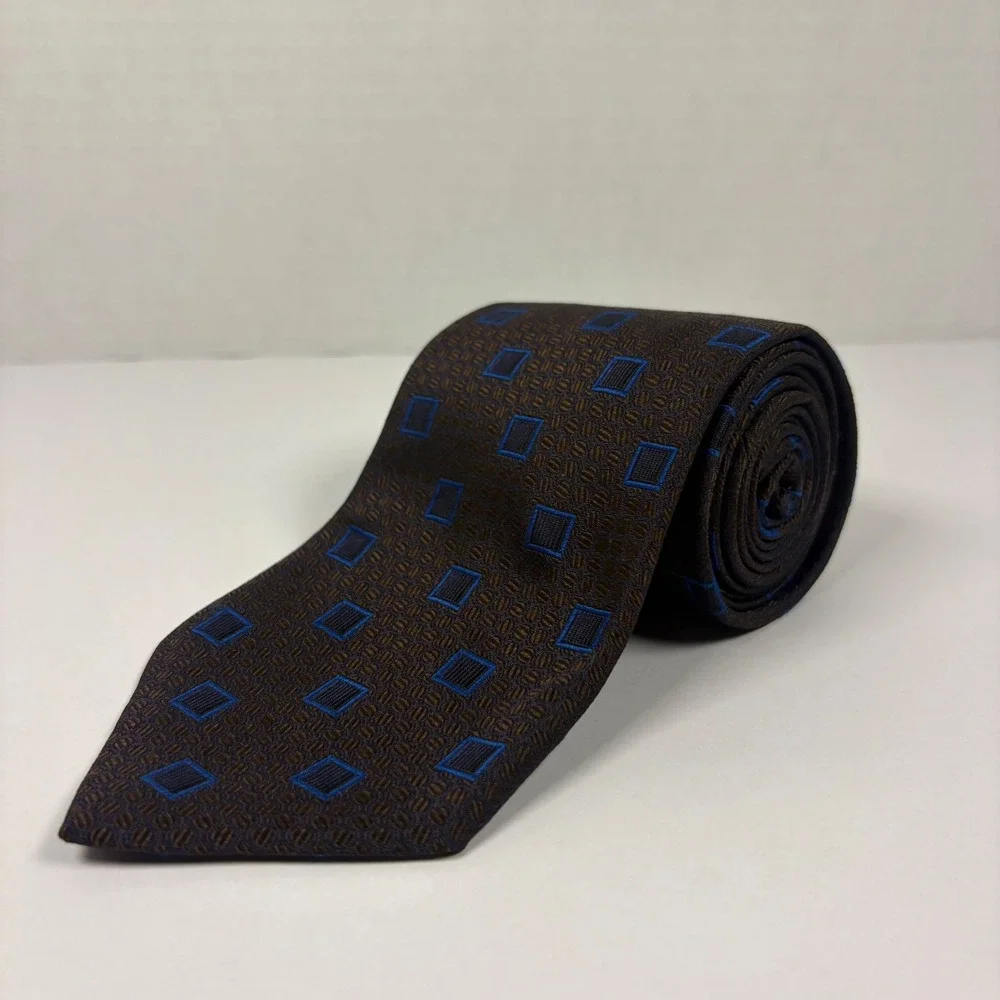 Canali Italy Silk Necktie Brown Blue Geometric Square Pattern Mens Tie 3.75